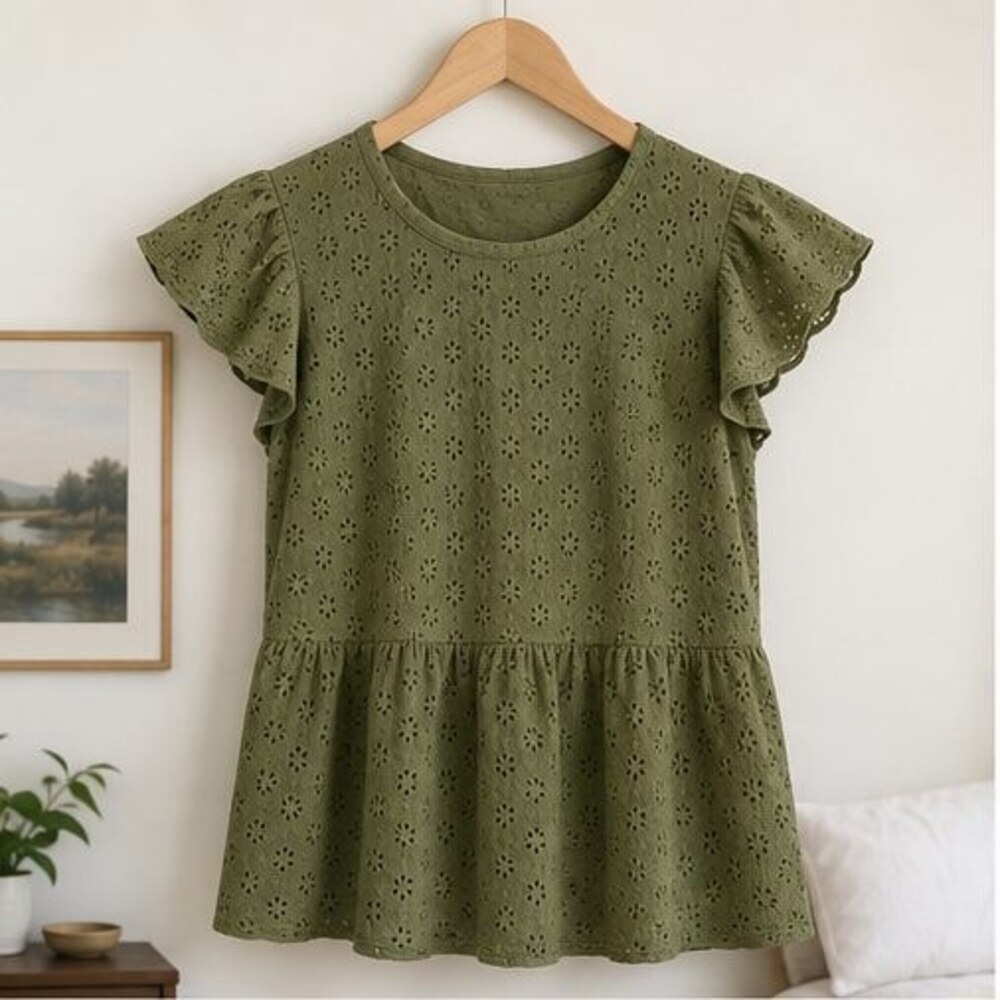 Olive Eyelet Peplum Blouse